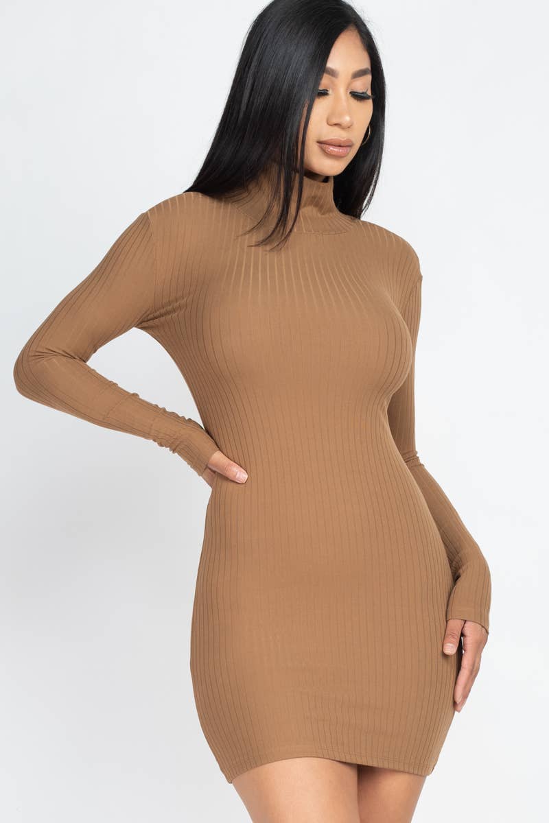 Mock Neck Ribbed Bodycon Dress