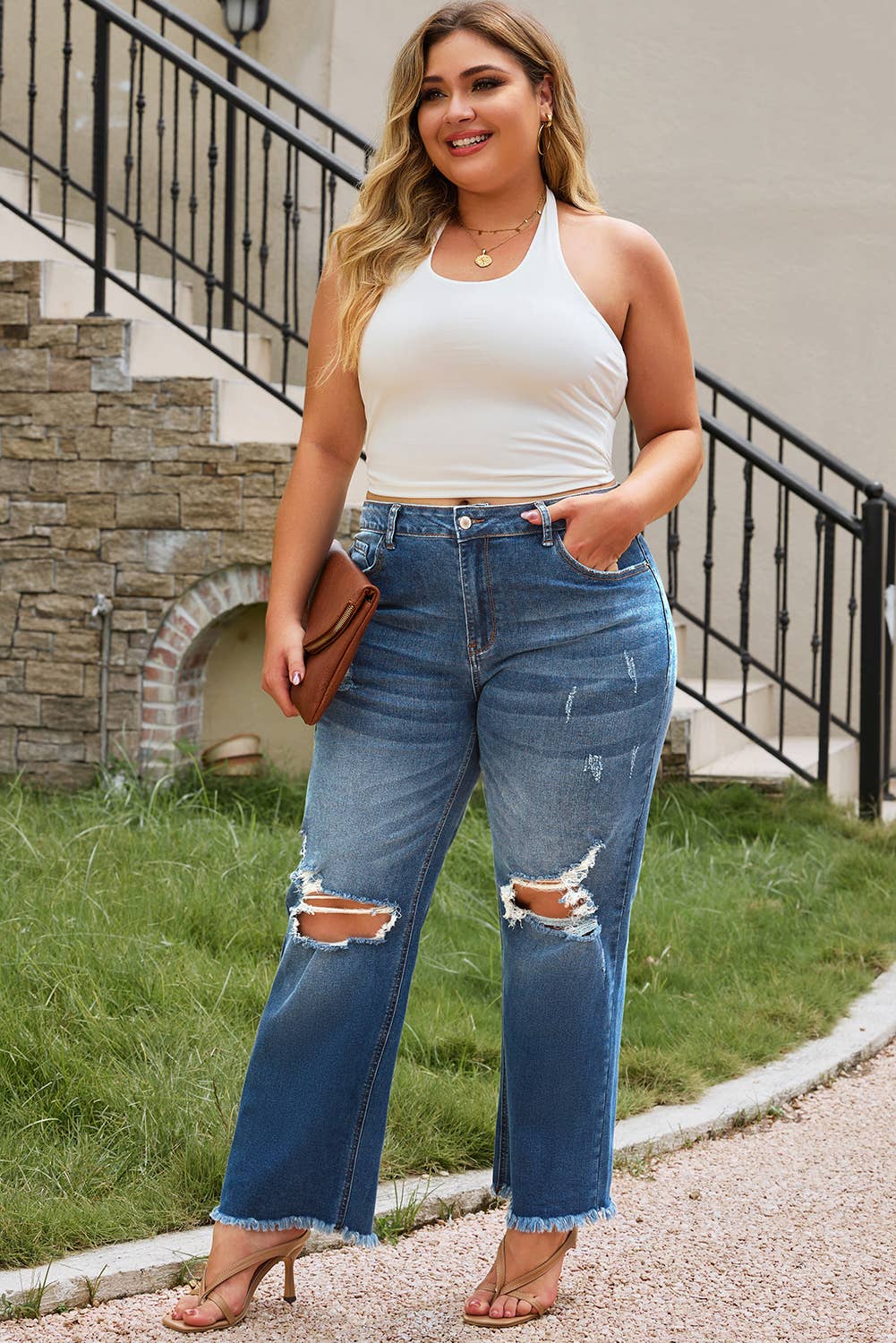 Acid Washed High Waist Distressed Jeans