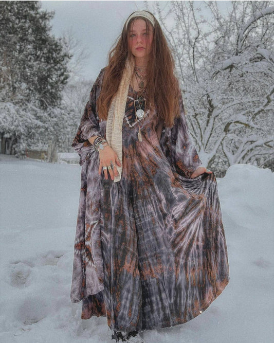 Hippie Boho Love Hand Tie Dyed Maxi Dress, Heart Neutrals