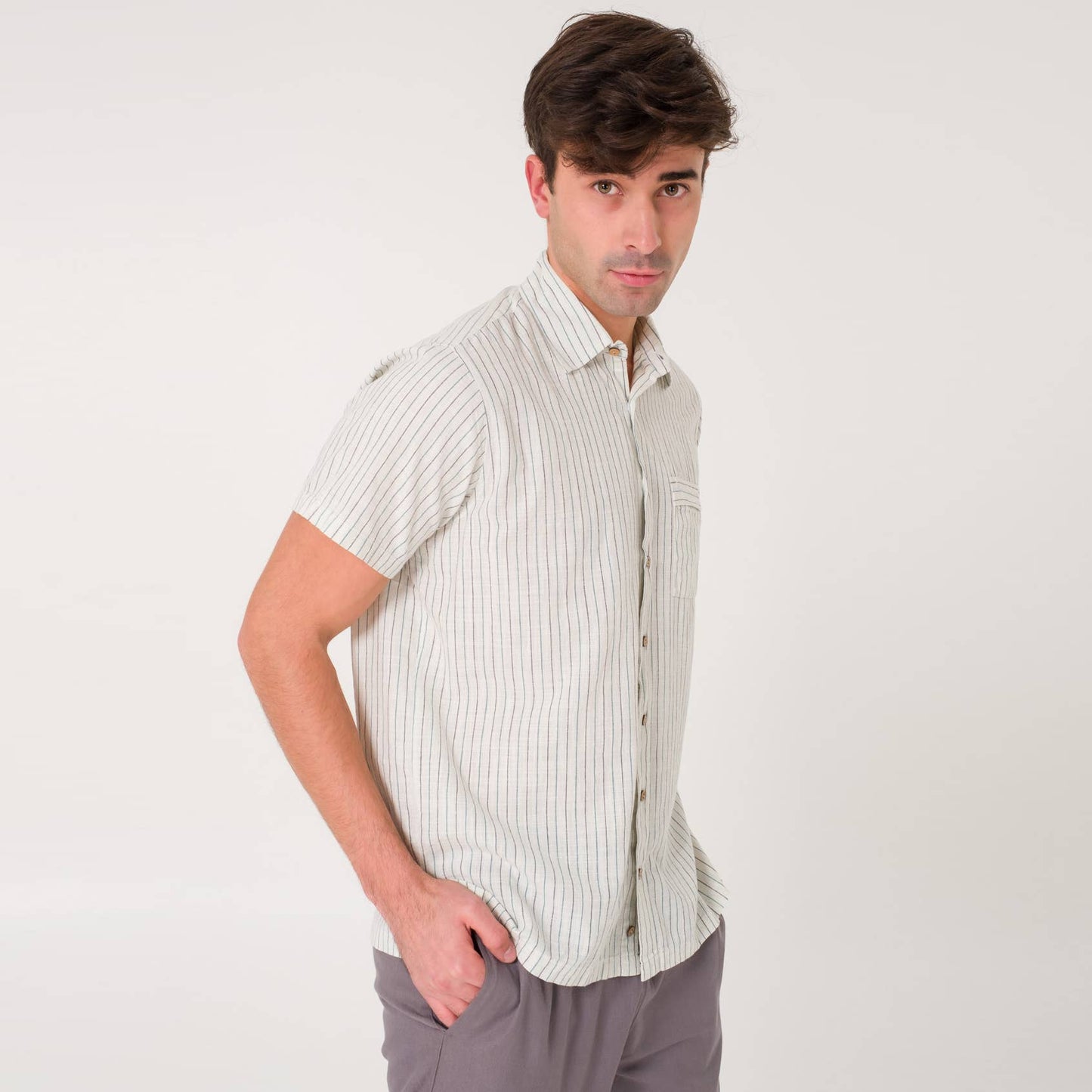 Half Sleeve Coconut Button Down Men's Vertical Cream Stripe Shirt