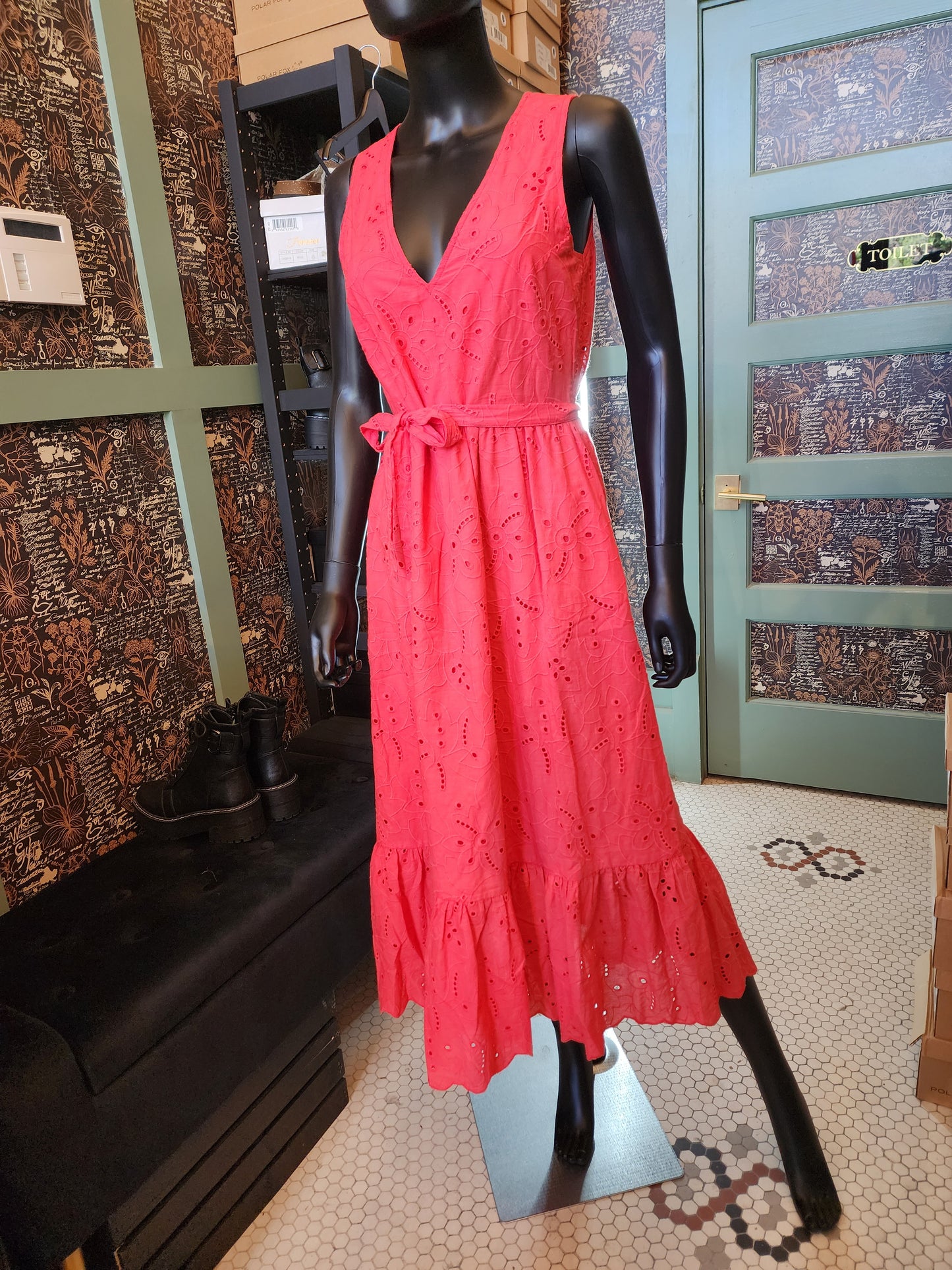 Coral Eyelet Midi Dress