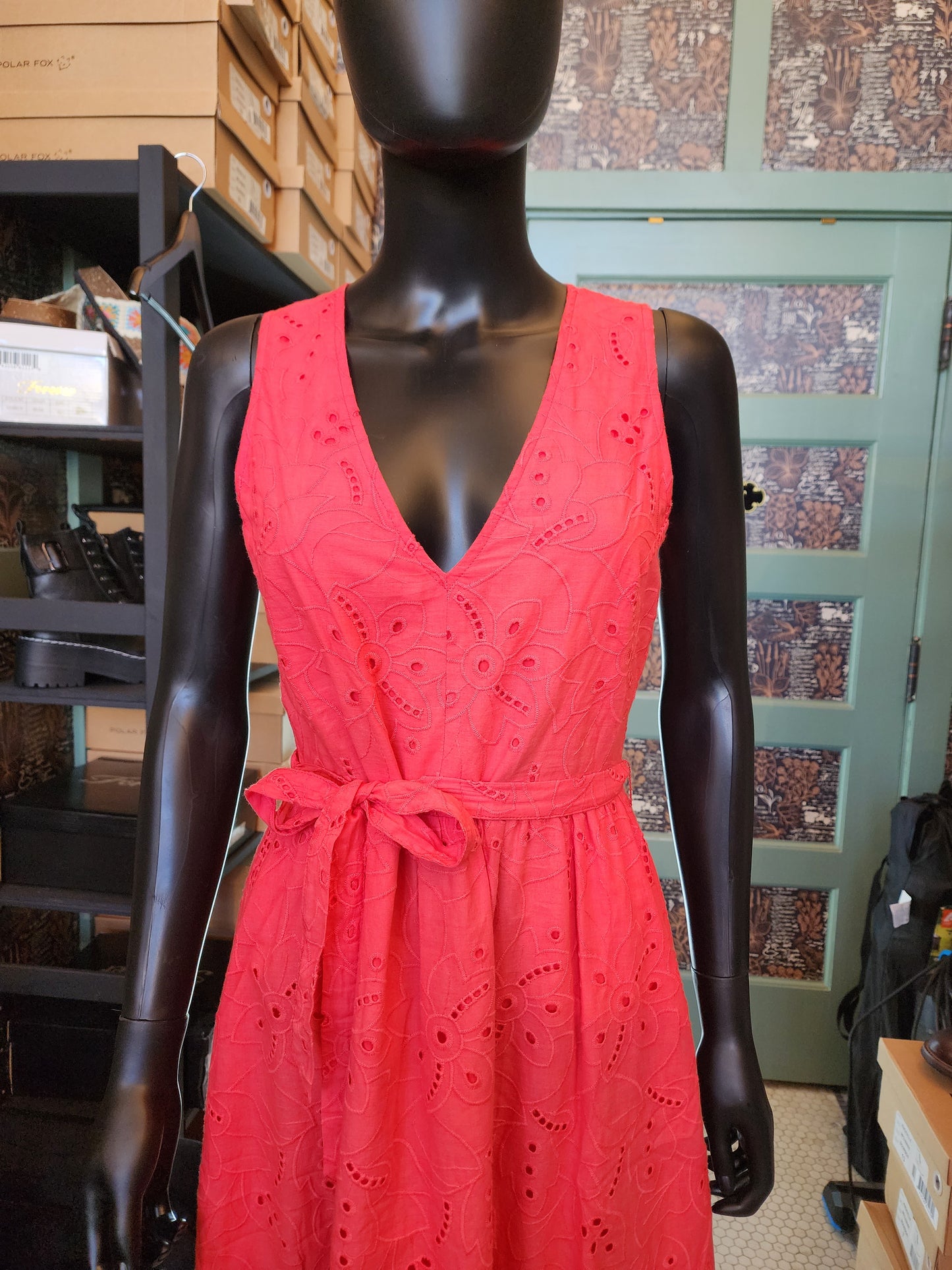 Coral Eyelet Midi Dress