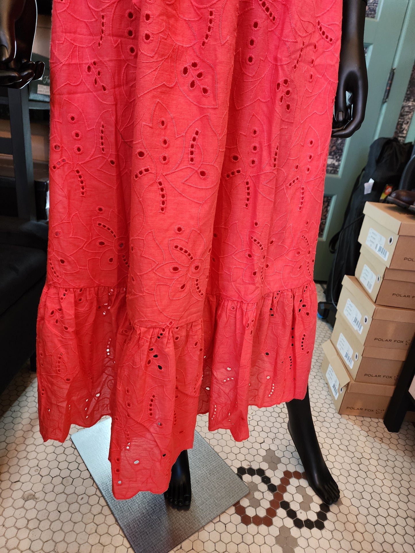 Coral Eyelet Midi Dress