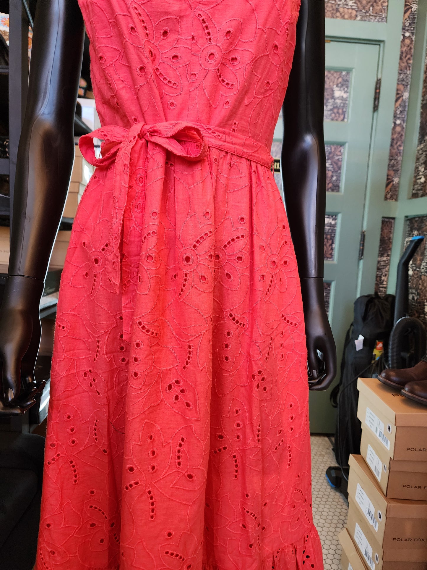 Coral Eyelet Midi Dress