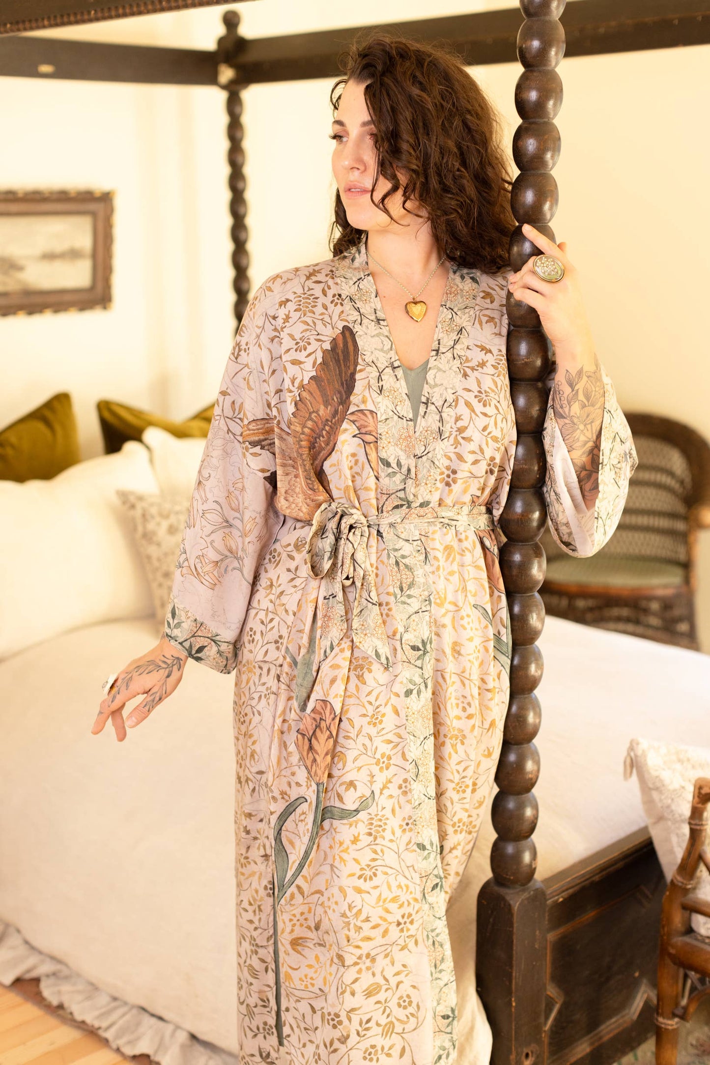 Folklore Bamboo Floral Bird Kimono Duster Robe