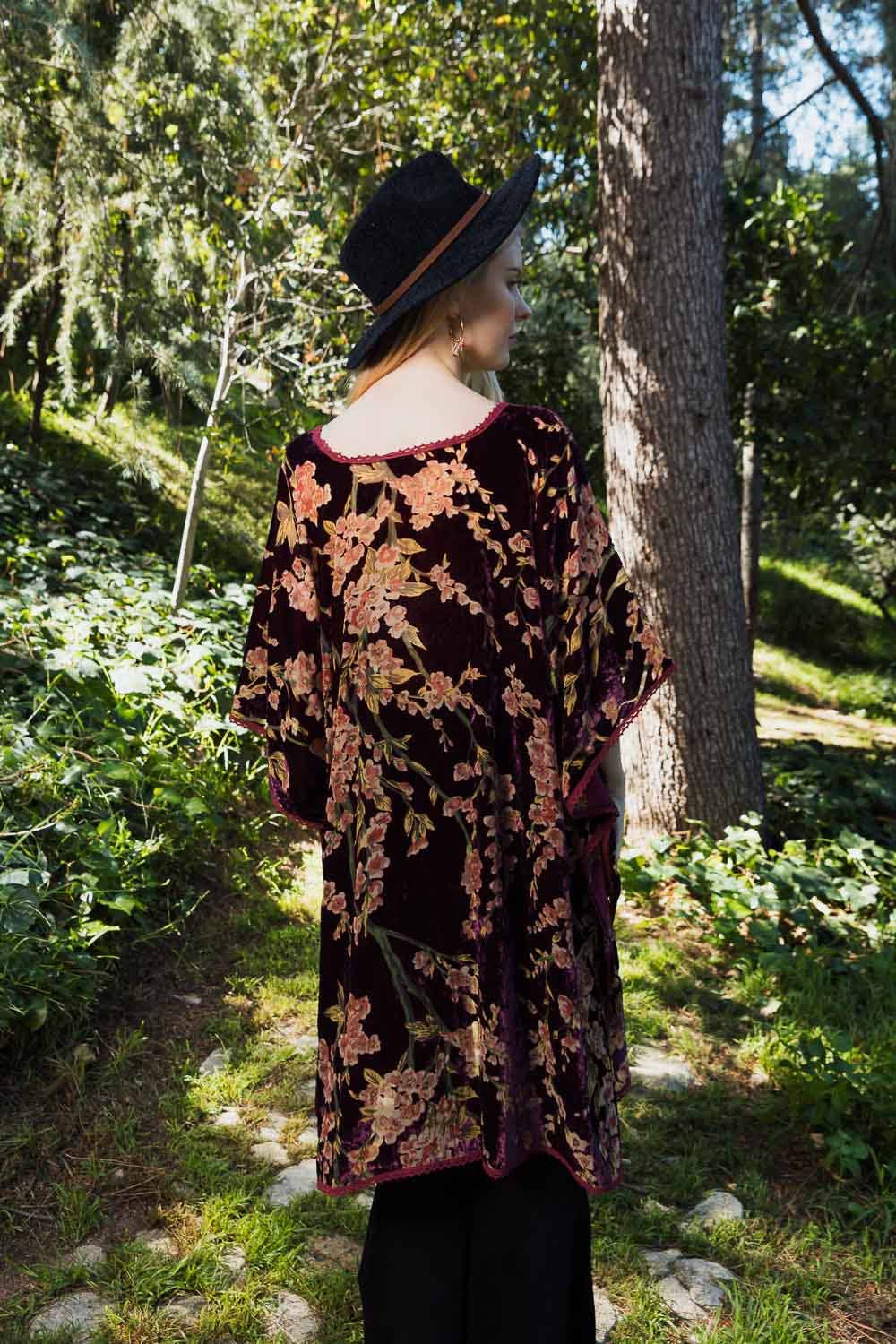 Velvet Blossom Longline Kimono w/ Cinched Armholes