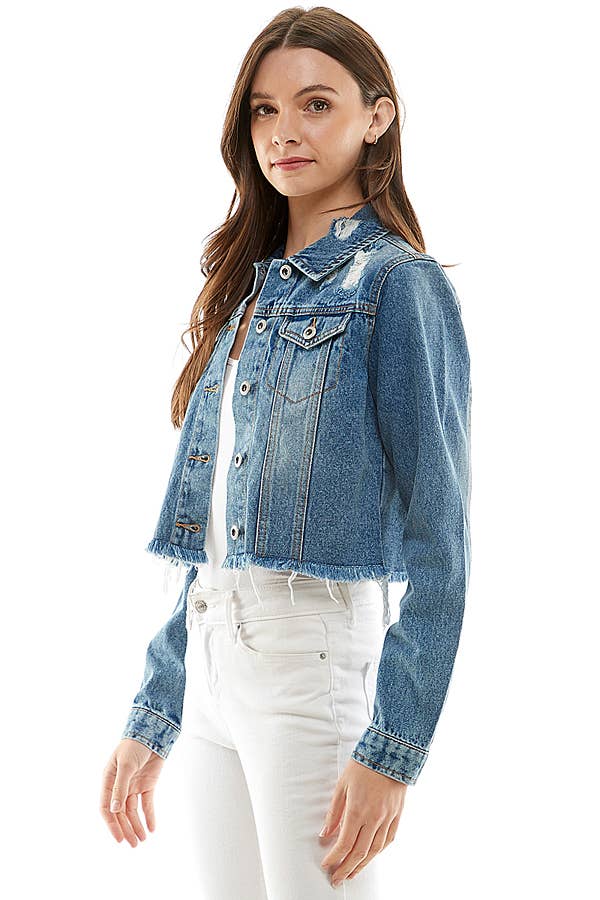 Ladies Corpcut Denim Jacket with Distressed