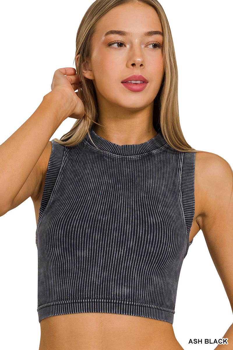 Stone Washed Ribbed Seamless High Neck Crop Tank