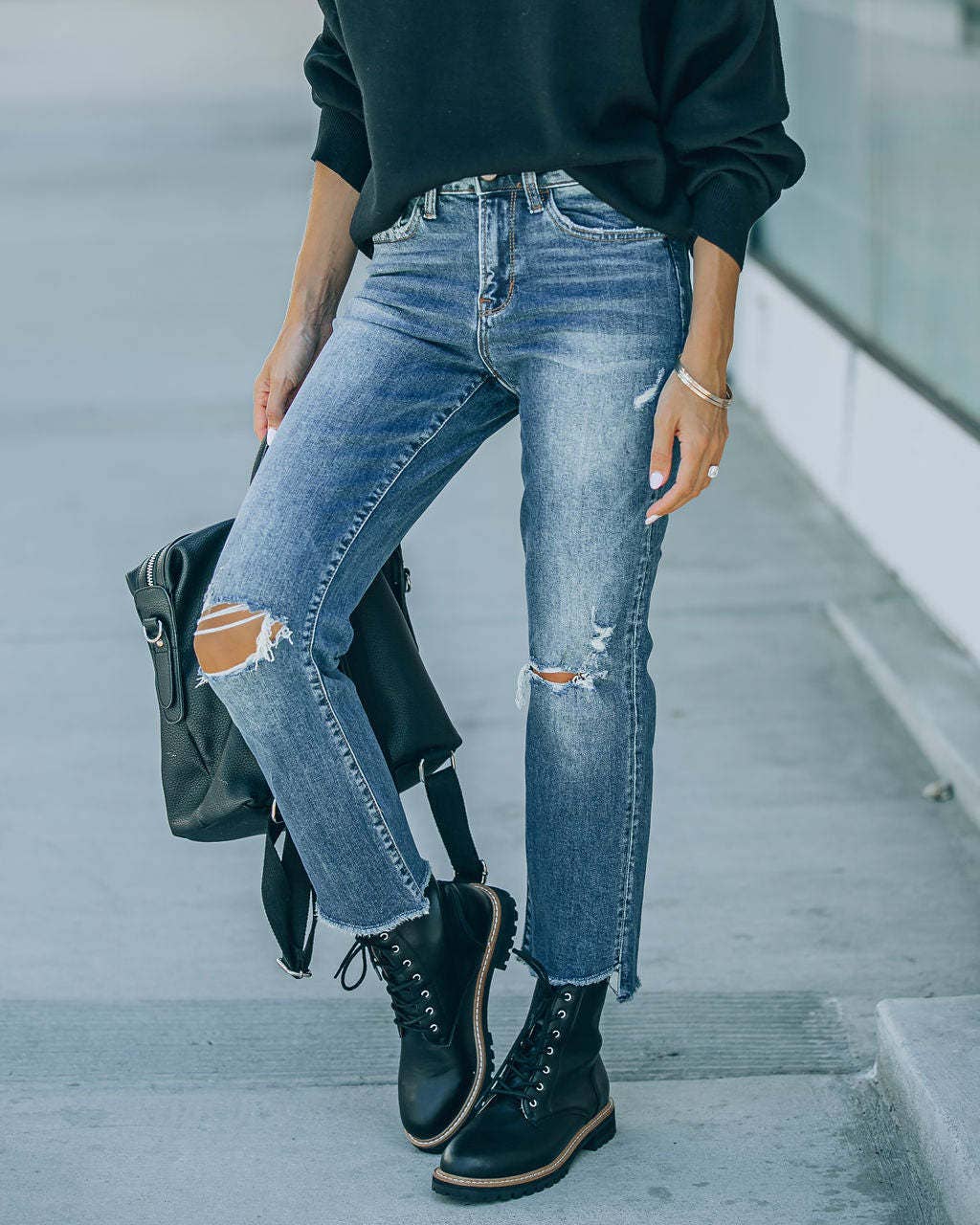 Sleek Simple Ripped Raw-Edge Straight-Leg Jeans