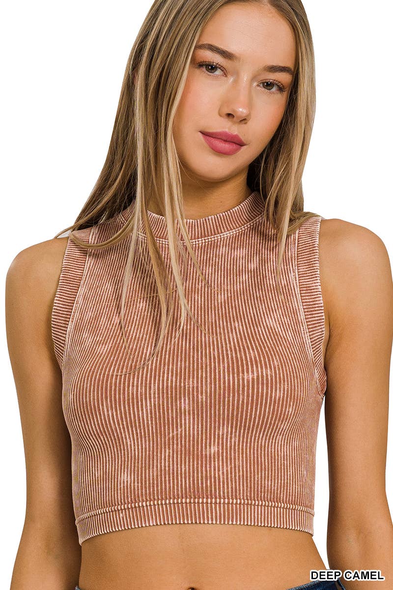 Stone Washed Ribbed Seamless High Neck Crop Tank