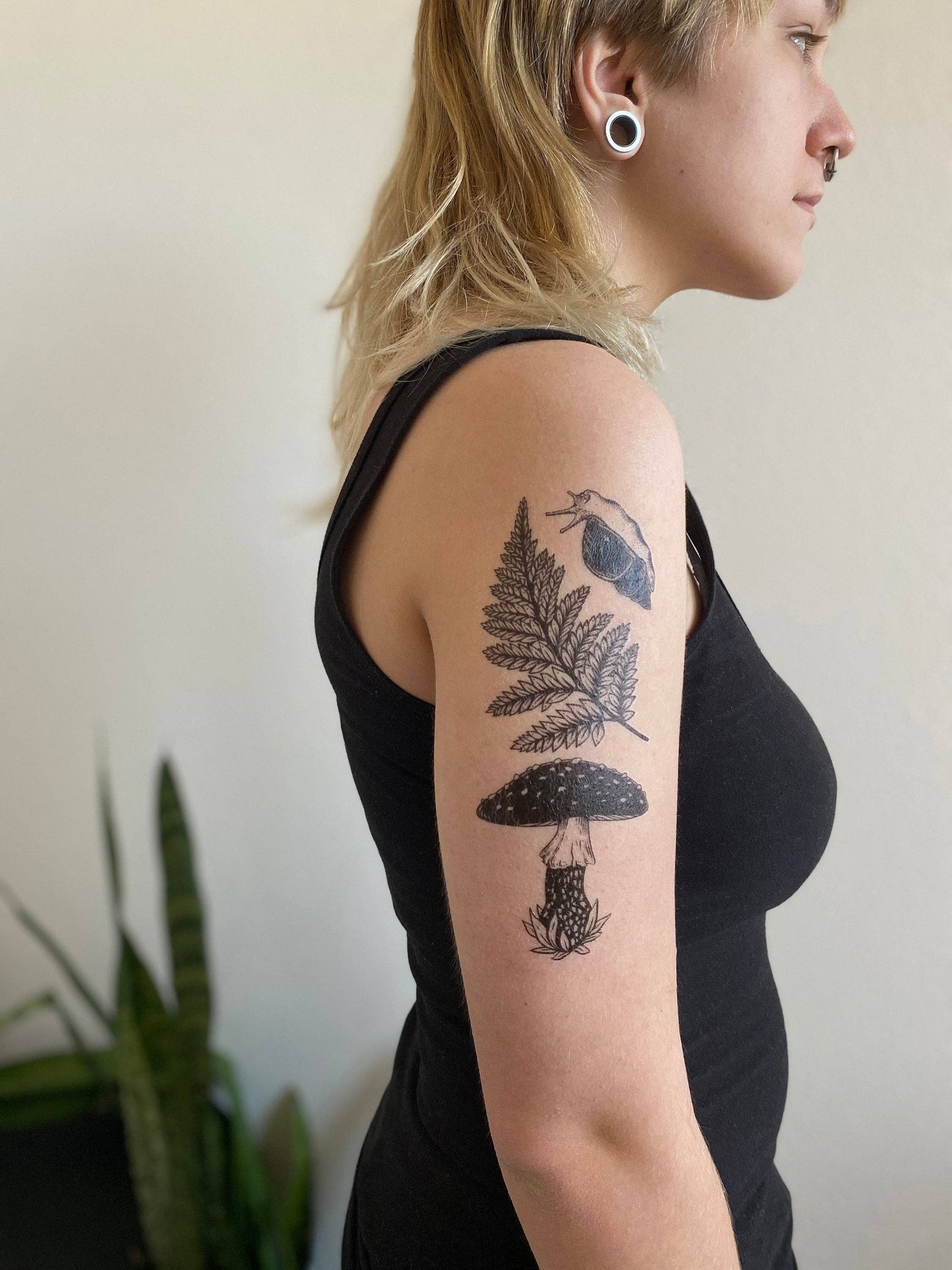 Amanita Mushroom, Fern, Snail Temporary Tattoo