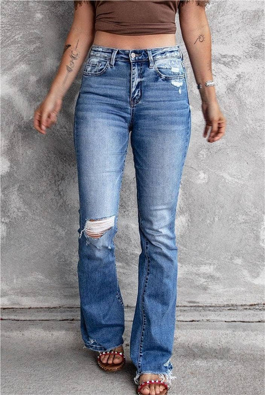 High-Rise Stretch Raw Edge Distressed Jeans