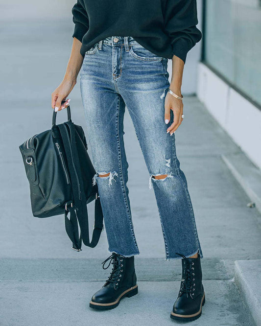 Sleek Simple Ripped Raw-Edge Straight-Leg Jeans