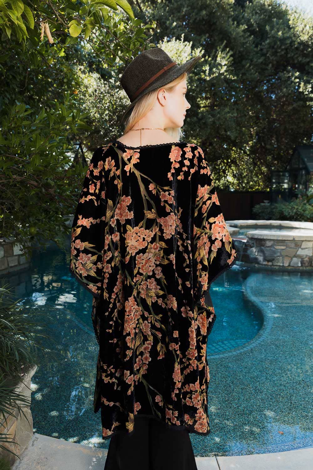 Velvet Blossom Longline Kimono w/ Cinched Armholes