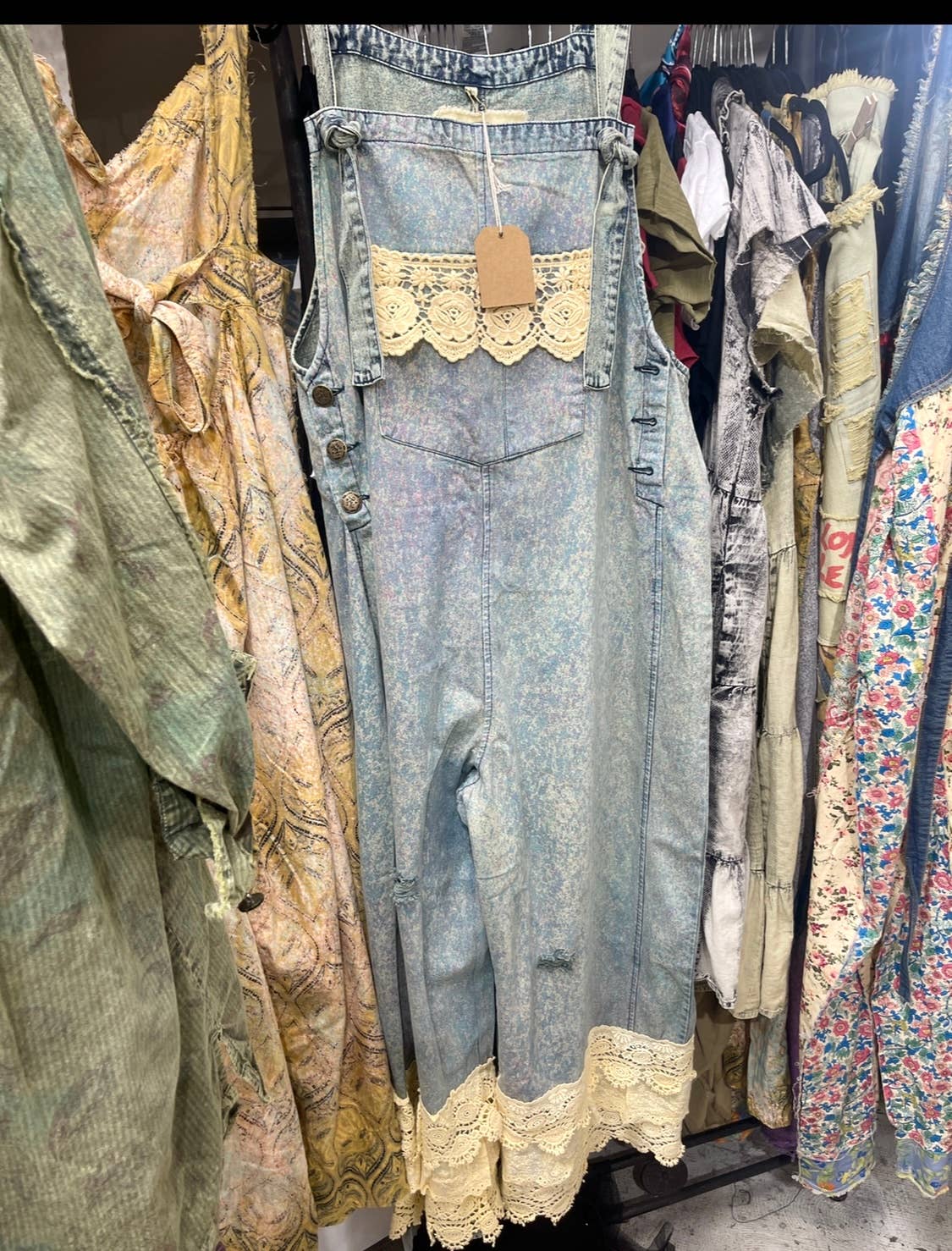 Distressed Lace Overalls