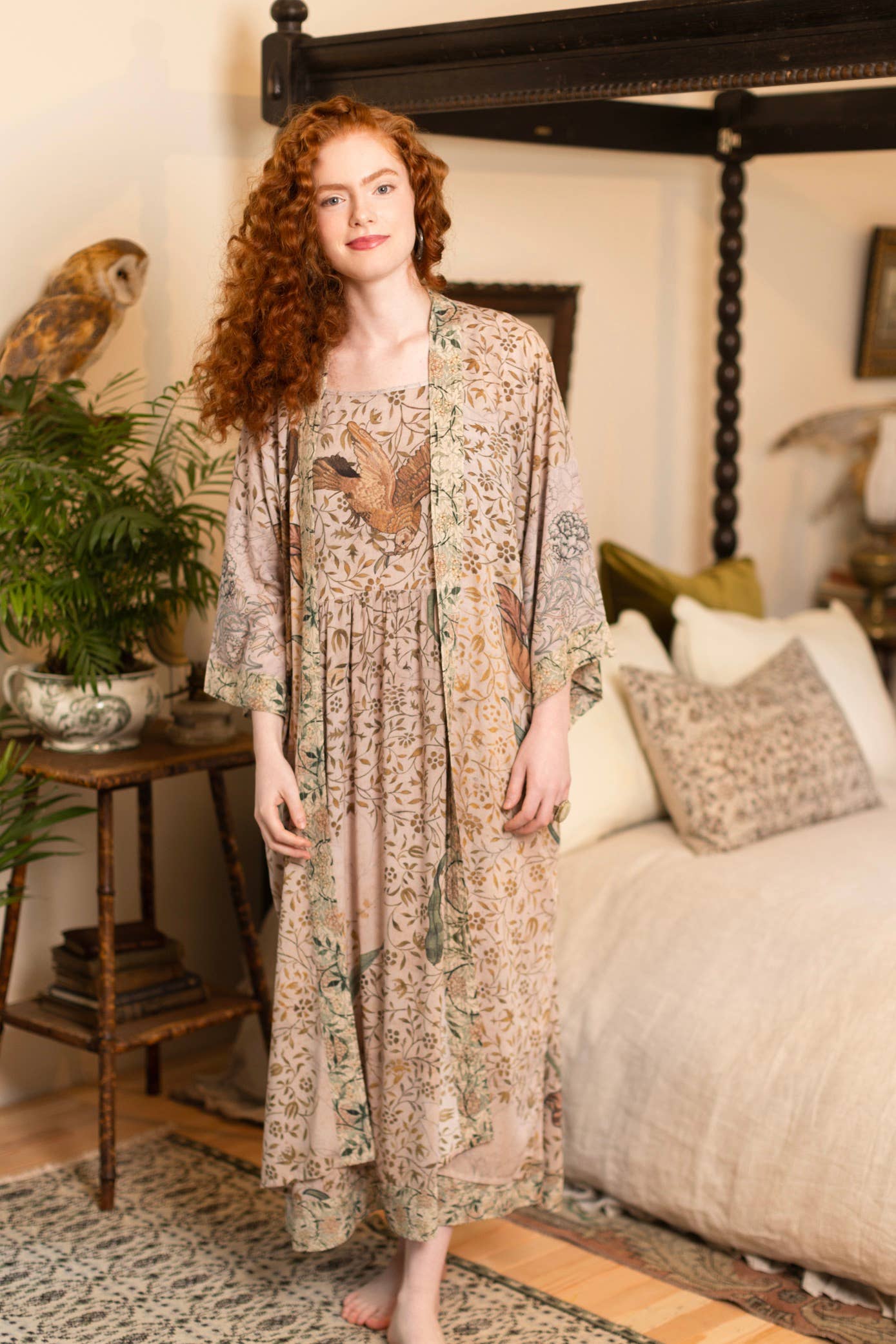 Folklore Bamboo Floral Bird Kimono Duster Robe