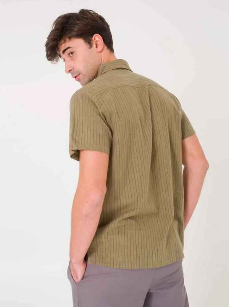 Half Sleeve Coconut Button Down Men's Vertical Olive Stripe Shirt