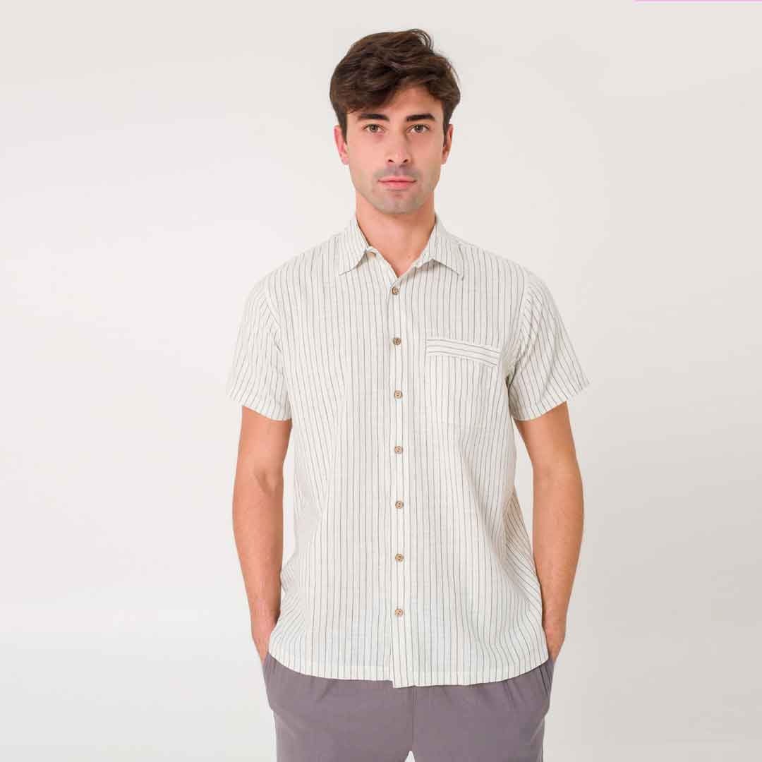 Half Sleeve Coconut Button Down Men's Vertical Cream Stripe Shirt