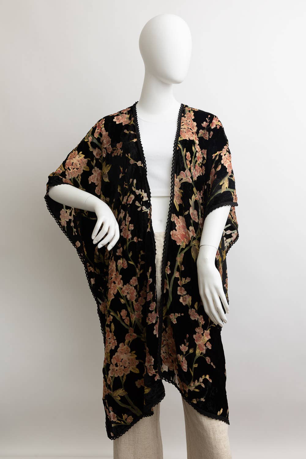 Velvet Blossom Longline Kimono w/ Cinched Armholes