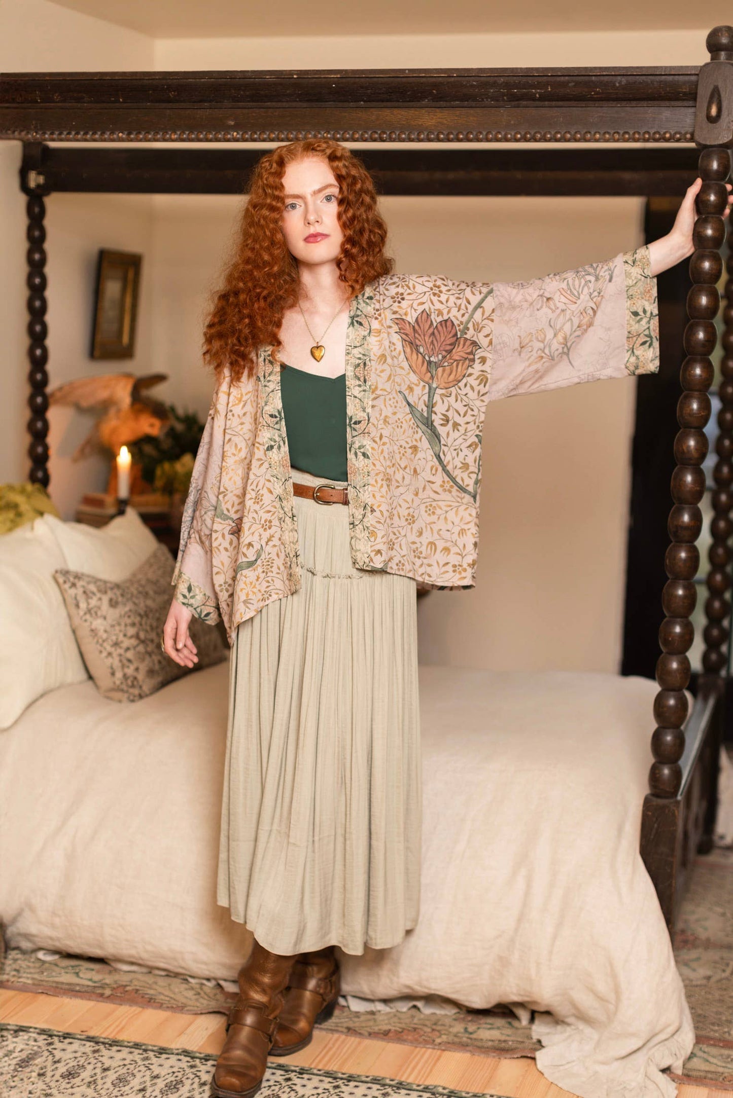 Folklore Bamboo Floral Cropped Kimono with Bird of Peace