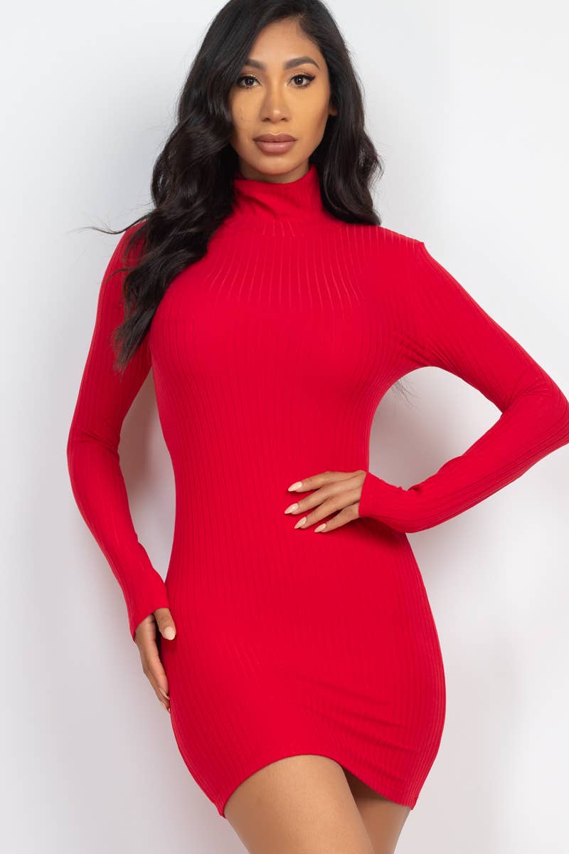 Mock Neck Ribbed Bodycon Dress