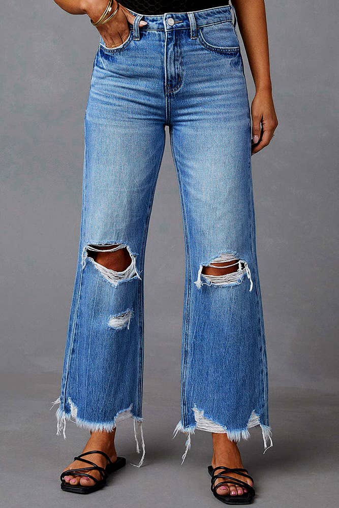 Blue Washed Distressed Pants Jeans