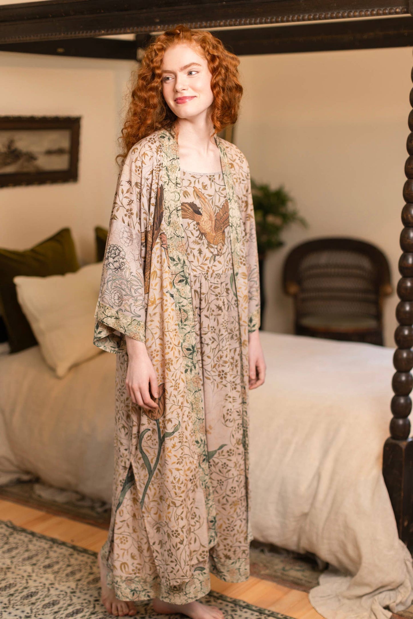 Folklore Bamboo Floral Bird Kimono Duster Robe