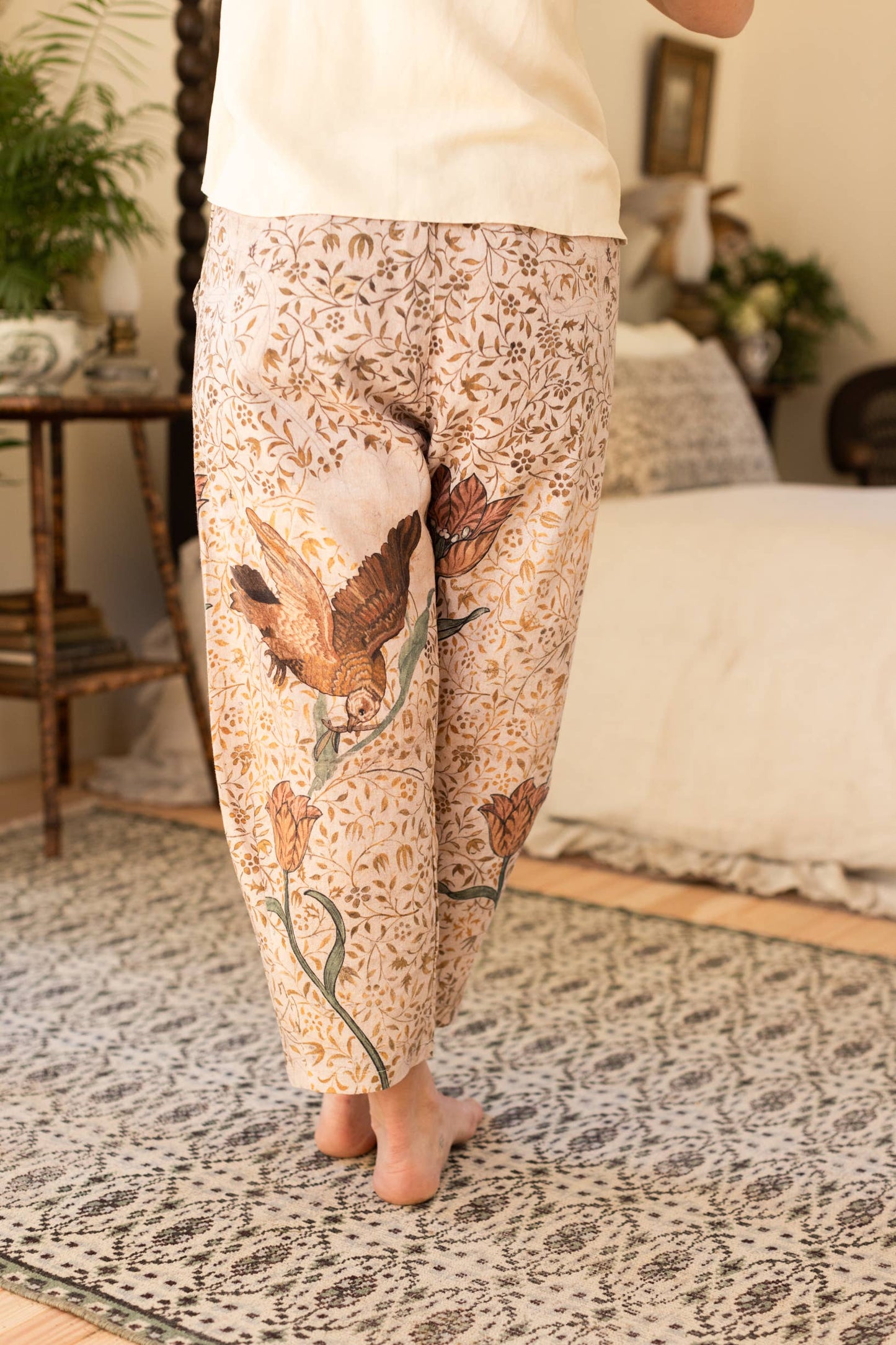 Folklore Boho Linen Floral & Bird Cropped Artist Pants