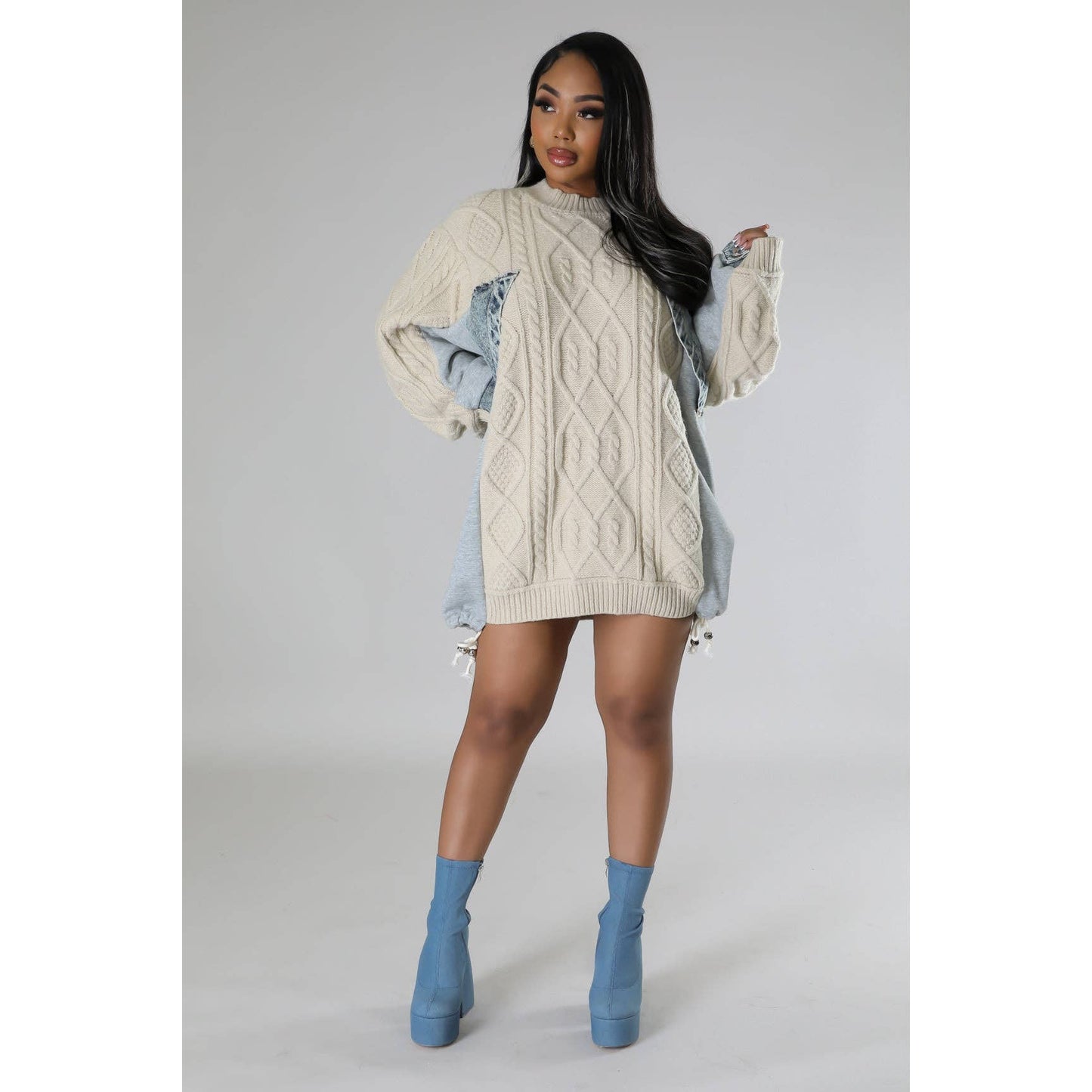 Knitted Long Sleeve Denim Sweater with Round Neckline