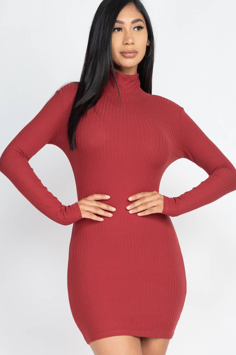 Mock Neck Ribbed Bodycon Dress