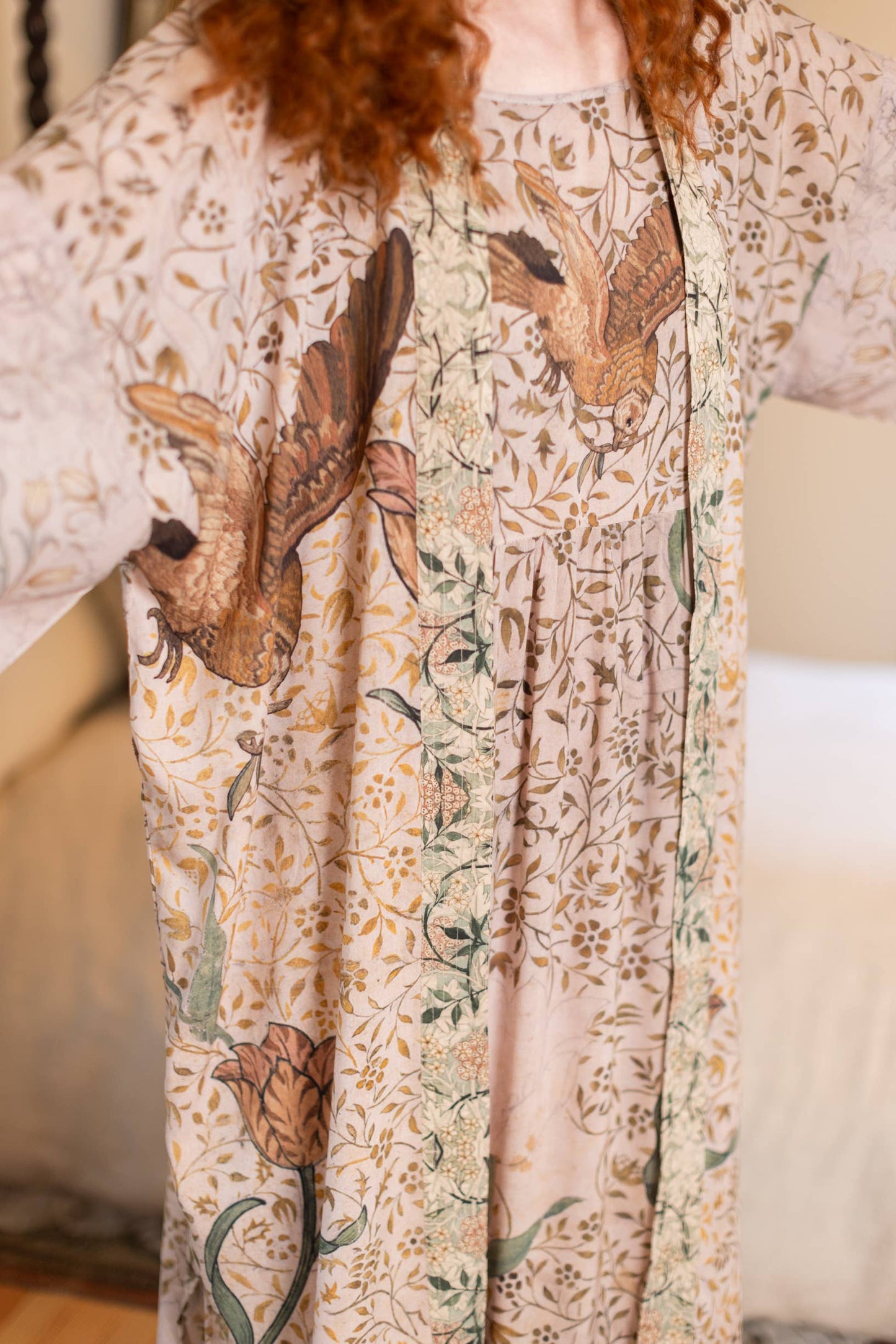 Folklore Bamboo Floral Bird Kimono Duster Robe