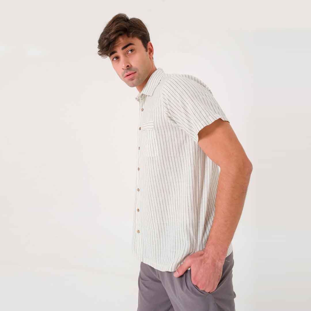 Half Sleeve Coconut Button Down Men's Vertical Cream Stripe Shirt