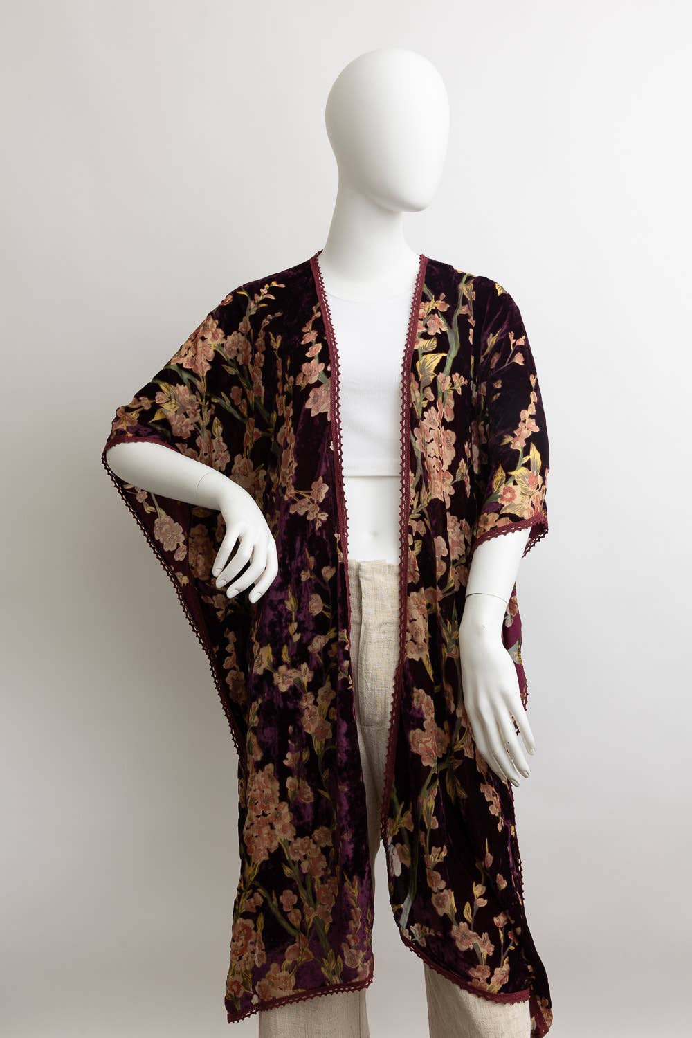 Velvet Blossom Longline Kimono w/ Cinched Armholes